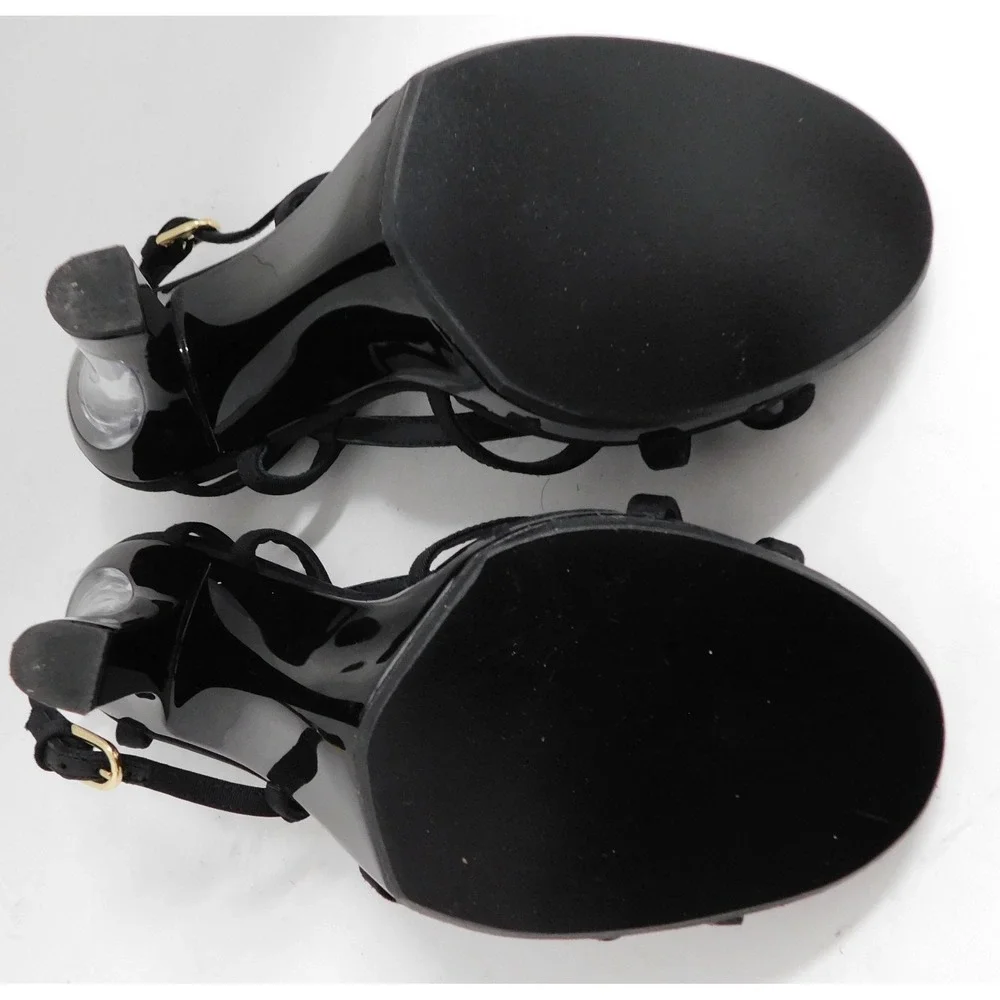 CHANEL Black Strappy Fabric Stiletto Open Toe Heels Women's 38‎